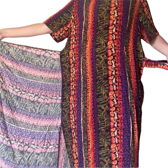 Vibrant gorgeous vintage wrap around maxi dress multicolor tropical tribal print - Picture 5 of 10